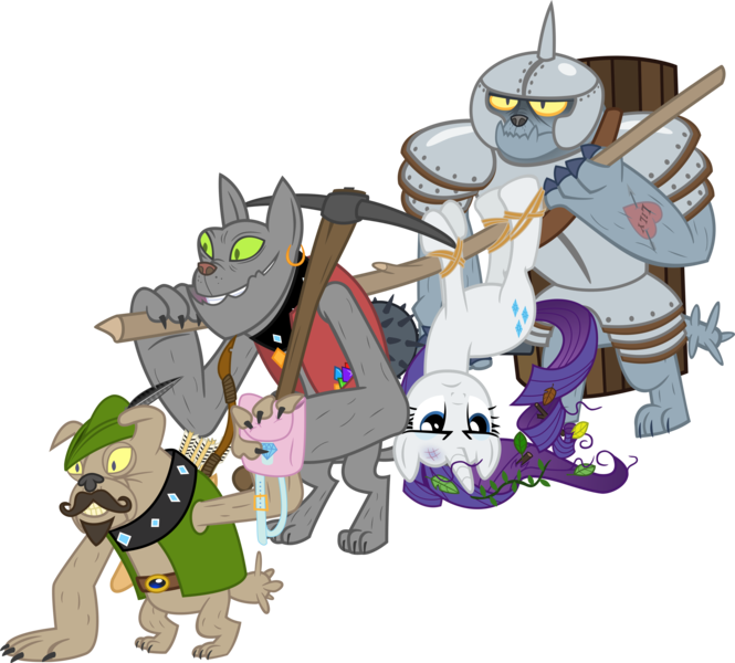 Size: 3000x2706 | Tagged: safe, artist:cheezedoodle96, derpibooru import, fido, rarity, rover, spot, diamond dog, pony, armor, arrow, bag, belt, bow (weapon), bruised, captured, carrying, clothes, collar, dungeons and dragons, ear piercing, earring, facial hair, female, goatee, hat, helmet, injured, jewelry, leaves, mace, mare, moustache, pen and paper rpg, pickaxe, piercing, roleplaying, rpg, saddle bag, scene interpretation, shield, simple background, tattoo, transparent background, unamused, vector, vest, weapon