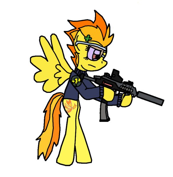 Size: 792x812 | Tagged: safe, artist:jrapcdaikari, derpibooru import, spitfire, pony, bipedal, gun, h&k mp7, hoof hold, mp7, simple background, solo, spread wings, sunglasses, suppressor, transparent background, vector, weapon, wings