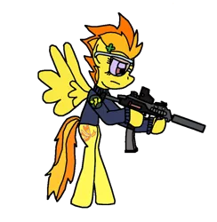 Size: 792x812 | Tagged: safe, artist:jrapcdaikari, derpibooru import, spitfire, pony, bipedal, gun, h&k mp7, hoof hold, mp7, simple background, solo, spread wings, sunglasses, suppressor, transparent background, vector, weapon, wings