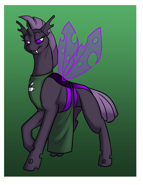 Size: 700x906 | Tagged: apron, artist:foxenawolf, changeling, clothes, derpibooru import, fanfic art, fanfic:conversations in a canterlot café, gradient background, oc, oc:mixxitkl, purple changeling, safe, solo, unofficial characters only