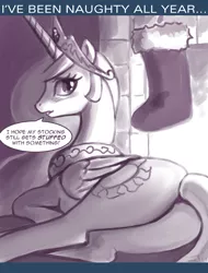 Size: 650x857 | Tagged: dead source, suggestive, artist:johnjoseco, derpibooru import, princess celestia, alicorn, pony, ask gaming princess luna, ask princess molestia, princess molestia, butt, christmas, christmas stocking, fireplace, hearth's warming eve, holiday, image, monochrome, plot, png, solo