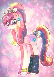 Size: 630x900 | Tagged: 80's fashion, 80s hair, alternate hairstyle, artist:technaro, bow, derpibooru import, leg warmers, looking at you, princess cadance, safe, solo, tail bow