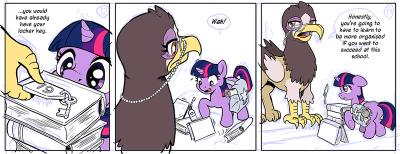 Size: 1000x385 | Tagged: safe, artist:muffinshire, derpibooru import, twilight sparkle, oc, oc:gisela, gryphon, comic:twilight's first day, book, comic, female, filly, key, magic, telekinesis, wip