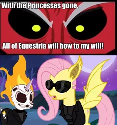 Size: 646x691 | Tagged: safe, derpibooru import, fluttershy, lord tirek, bat pony, bat ponified, blade, blade (marvel comics), exploitable meme, flutterbat, flutterblade, ghost pony rider, ghost rider, meme, nostalgia critic, race swap, tirek vs everyone meme