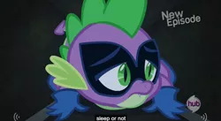 Size: 848x465 | Tagged: caption, derpibooru import, edit, edited screencap, hub logo, humdrum, meme, power ponies, power ponies (episode), safe, screencap, solo, spike, youtube caption