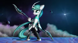 Size: 1988x1111 | Tagged: safe, artist:zigword, derpibooru import, ponified, pony, bipedal, hoof hold, nyx (warframe), planet, smiling, solo, spear, stars, warframe, weapon