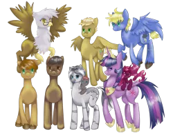 Size: 1000x770 | Tagged: safe, artist:nalenthi, derpibooru import, twilight sparkle, twilight sparkle (alicorn), oc, alicorn, gryphon, pony, zebra, female, filly, foal, glasses, older