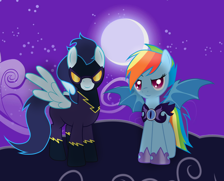 Size: 1024x830 | Tagged: dead source, safe, artist:rulette, derpibooru import, rainbow dash, soarin', bat pony, pony, alternate timeline, bat ponified, clothes, costume, female, male, night guard, night guard dash, nightmare takeover timeline, race swap, rainbowbat, shadowbolts, shadowbolts costume, shipping, soarindash, straight