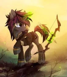 Size: 899x1025 | Tagged: safe, artist:hioshiru, derpibooru import, oc, oc:theo, unofficial characters only, pony, unicorn, archer, archery, arrow, bow (weapon), bow and arrow, clothes, magic, raised hoof, solo, weapon