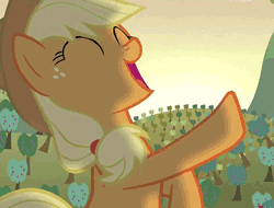 Size: 500x379 | Tagged: safe, derpibooru import, screencap, applejack, earth pony, pony, bats!, animated, apple, apple tree, cute, eyes closed, female, gif, happy, hoofy-kicks, horses doing horse things, jackabetes, mare, open mouth, rearing, silly, silly pony, smiling, solo, sunrise, tree, who's a silly pony