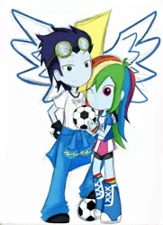 Size: 1024x1416 | Tagged: safe, artist:linkin20, derpibooru import, rainbow dash, soarin', human, equestria girls, female, football, goggles, humanized, male, no nose, one eye closed, shipping, soarindash, sports, straight, watermark, wink