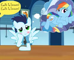 Size: 1024x830 | Tagged: dead source, safe, artist:rulette, derpibooru import, rainbow dash, soarin', blushing, clothes, daydream, dialogue, dream, female, lying, male, shipping, smiling, soarindash, spread wings, straight, thinking, thought bubble, uniform, wingboner, wings, wonderbolts dress uniform, wonderbolts uniform