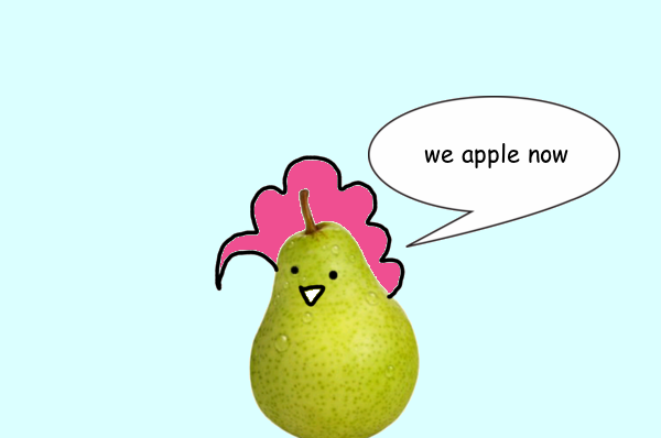 Size: 600x398 | Tagged: apple, artist:wollap, comic, derpibooru import, food, fruit, hilarious in hindsight, pear, pinkie apple pie, pinkie pie, safe, solo, species swap, tasty fruit, wat, you're doing it wrong