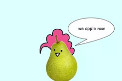 Size: 600x398 | Tagged: apple, artist:wollap, comic, derpibooru import, food, fruit, hilarious in hindsight, pear, pinkie apple pie, pinkie pie, safe, solo, species swap, tasty fruit, wat, you're doing it wrong