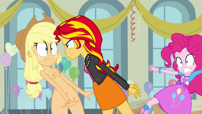 Size: 1920x1080 | Tagged: questionable, derpibooru import, edit, edited screencap, screencap, applejack, pinkie pie, sunset shimmer, equestria girls, applejack's hat, balloon, breast edit, breasts, clothed female nude female, confrontation, cowboy hat, female, freckles, hat, nipples, nude edit, nudity