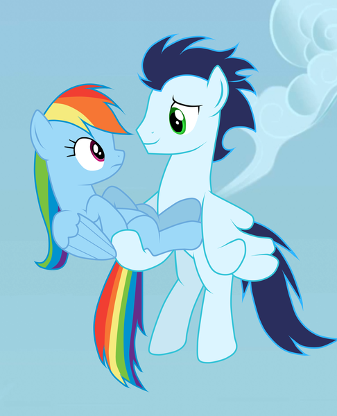 Size: 1024x1263 | Tagged: dead source, safe, artist:rulette, derpibooru import, rainbow dash, soarin', carrying, female, flying, male, shipping, smiling, soarindash, straight