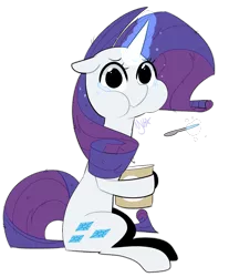 Size: 1024x1234 | Tagged: safe, artist:chandelurres, derpibooru import, rarity, pony, unicorn, :>, :t, comfort eating, crying, eating, empty eyes, female, food, glowing horn, hoof hold, horn, ice cream, levitation, looking at you, magic, magic aura, mare, no iris, puffy cheeks, sad, solo, spoon, teary eyes, telekinesis