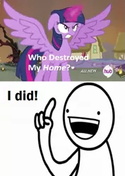Size: 423x597 | Tagged: safe, derpibooru import, screencap, twilight sparkle, twilight sparkle (alicorn), alicorn, pony, twilight's kingdom, asdfmovie, exploitable meme, female, mare, meme, obligatory pony, this will end in death, this will end in tears, this will end in tears and/or death, too dumb to live, who destroyed twilight's home