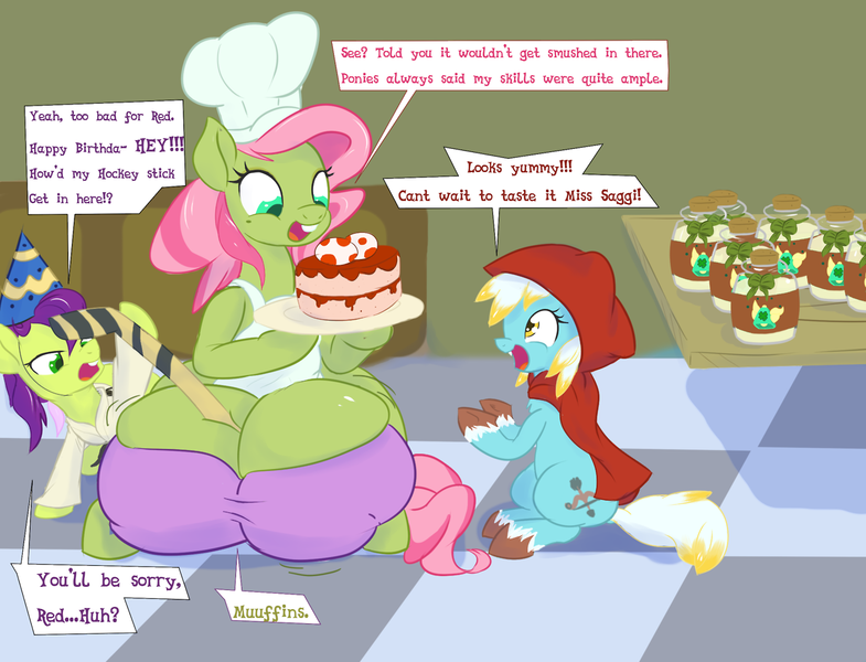 Size: 1280x978 | Tagged: suggestive, artist:hell ray, derpibooru import, oc, oc:red hood, oc:saggitha slap, oc:zippy doo, unofficial characters only, earth pony, pony, apron, big crotchboobs, bra, bucktooth, cake, chef's hat, cleavage, clothes, crotch cleavage, crotchboob expansion, crotchboobs, crotchboobs on floor, crotchbra, female, food, gi, hat, hockey stick, huge crotchboobs, impossibly large crotchboobs, jiggle, kitchen, milk, milk bottle, nudity, party hat, underwear