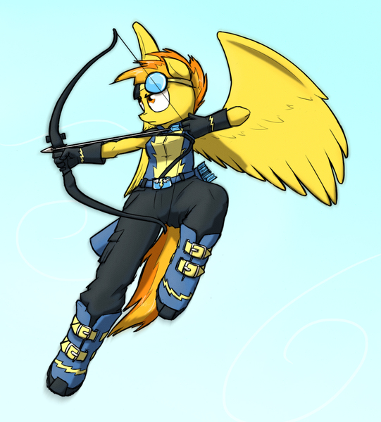Size: 1154x1280 | Tagged: safe, artist:captainhoers, derpibooru import, spitfire, anthro, pegasus, arrow, bow (weapon), bow and arrow, clothes, female, flying, goggles on head, image, jpeg, midair, solo, uniform, weapon, wonderbolts uniform