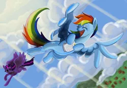 Size: 1280x889 | Tagged: safe, artist:vtruss1, derpibooru import, rainbow dash, twilight sparkle, twilight sparkle (alicorn), alicorn, pony, testing testing 1-2-3, female, flying, mare