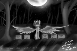 Size: 1500x1004 | Tagged: safe, artist:irigulus, derpibooru import, twilight sparkle, twilight sparkle (alicorn), alicorn, pony, female, gravestone, immortality blues, mare, monochrome, sad, solo