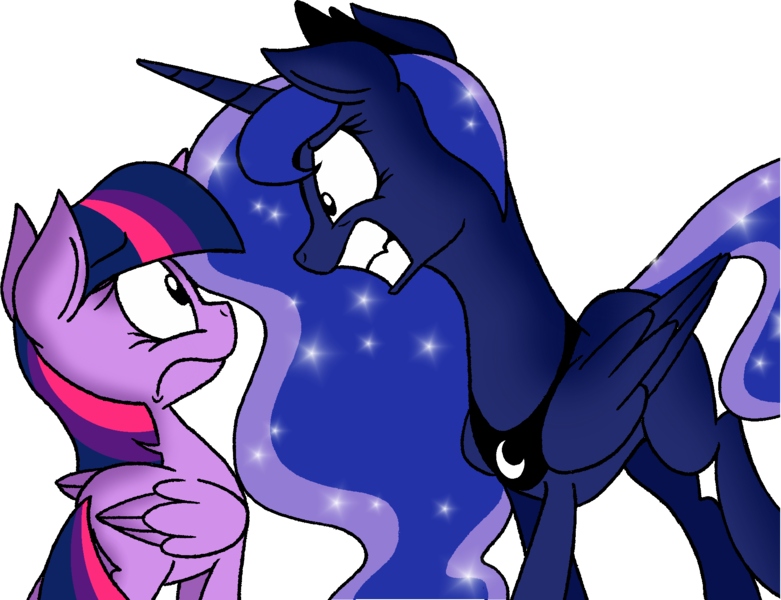 Size: 1830x1405 | Tagged: dead source, safe, artist:strangiesleepy, derpibooru import, princess luna, twilight sparkle, twilight sparkle (alicorn), alicorn, pony, female, mare, simple background