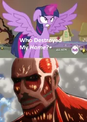 Size: 424x591 | Tagged: safe, derpibooru import, twilight sparkle, twilight sparkle (alicorn), alicorn, pony, attack on titan, colossal titan, exploitable meme, female, mare, meme, obligatory pony, who destroyed twilight's home