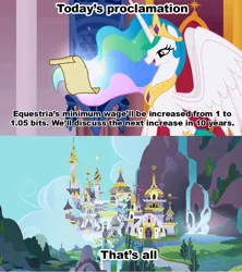 Size: 1021x1149 | Tagged: celestia's proclamation, derpibooru import, economics, exploitable meme, meme, minimum wage, princess celestia, safe