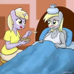 Size: 1000x1000 | Tagged: anthro, artist:empyu, bed, caring for the sick, derpibooru import, derpy hooves, dinky hooves, equestria's best daughter, food, ice pack, safe, sick, soup, underp