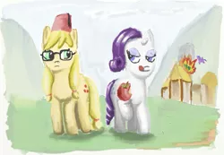 Size: 1059x732 | Tagged: safe, artist:trixsun, derpibooru import, applejack, rarity, twilight sparkle, twilight sparkle (alicorn), alicorn, pony, apple, female, fez, fire, food, glasses, hat, mare, tongue out