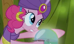 Size: 593x354 | Tagged: caption, crystal ball, derpibooru import, edit, edited screencap, it's about time, madame pinkie, meme, pacifism, pinkie pie, safe, screencap, solo, turban, youtube caption