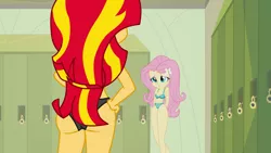 Size: 1920x1080 | Tagged: suggestive, artist:dirty mike, derpibooru import, edit, edited screencap, screencap, fluttershy, sunset shimmer, equestria girls, equestria girls (movie), ass, belly button, bra, breasts, butt, cleavage, clothes, duo, duo female, female, lingerie, panties, underwear, underwear edit