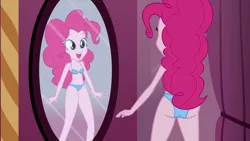 Size: 1920x1080 | Tagged: suggestive, artist:dirty mike, derpibooru import, edit, edited screencap, screencap, pinkie pie, equestria girls, equestria girls (movie), ass, belly button, blue underwear, bra, breast edit, breasts, butt, cleavage, clothes, female, mirror, panties, solo, solo female, underwear, underwear edit