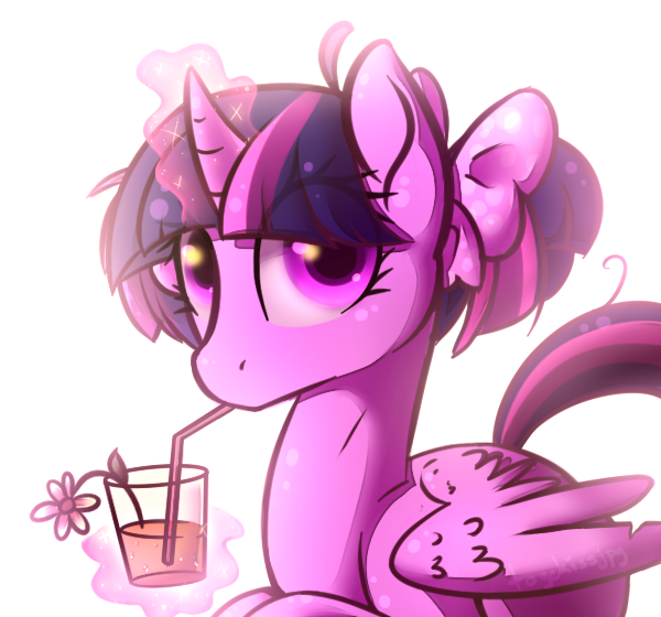 Size: 600x560 | Tagged: safe, artist:catitty, derpibooru import, twilight sparkle, twilight sparkle (alicorn), alicorn, pony, alternate hairstyle, drink, female, mare, pigtails, solo