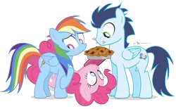 Size: 950x588 | Tagged: safe, artist:dm29, derpibooru import, pinkie pie, rainbow dash, soarin', blushing, crush, cute, female, food, heart, male, pie, pie seduce, pun, shipper on deck, shipping, simple background, soarin' gets all the mares, soarindash, soarinpie, straight, that pony sure does love pies, transparent background, trio