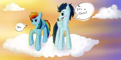 Size: 1366x685 | Tagged: safe, artist:slytherinakatsuki, derpibooru import, rainbow dash, soarin', blushing, cloud, cloudy, dialogue, female, male, shipping, soarindash, straight