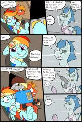 Size: 781x1156 | Tagged: safe, artist:metal-kitty, derpibooru import, big macintosh, derpy hooves, rainbow dash, soarin', earth pony, pony, comic:expiration date, briefcase, comic, derpy soldier, dialogue, expiration date, gun, heavy, heavy mac, male, miss pauling, mr soarin', rainbow scout, scout, soldier, stallion, team fortress 2, waking up, weapon