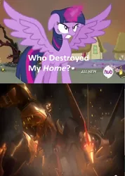 Size: 844x1184 | Tagged: safe, derpibooru import, twilight sparkle, twilight sparkle (alicorn), alicorn, pony, twilight's kingdom, clash of hasbro's titans, darkest hour, exploitable meme, female, mare, megatron, meme, obligatory pony, starscream, this will end in dismantling, transformers, transformers prime, who destroyed twilight's home