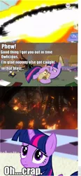 Size: 445x962 | Tagged: safe, derpibooru import, owlowiscious, twilight sparkle, twilight sparkle (alicorn), alicorn, pony, twilight's kingdom, darkest hour, explosion, female, golden oaks library, implied death, mare, misspelling, oh crap, optimus prime, transformers, transformers prime