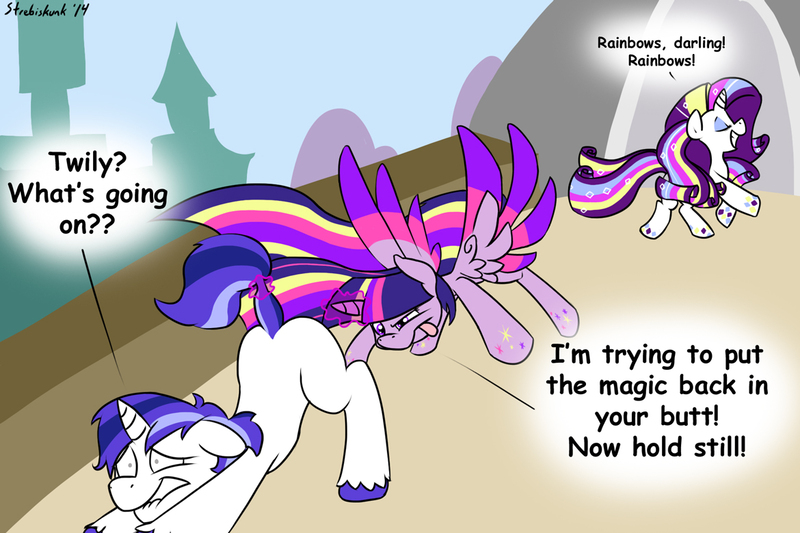 Size: 1170x780 | Tagged: suggestive, artist:strebiskunk, derpibooru import, rarity, shining armor, twilight sparkle, twilight sparkle (alicorn), alicorn, pony, unicorn, twilight's kingdom, :p, abuse, blank flank, butt, colored wings, colored wingtips, confused, dialogue, empty eyes, eyes closed, face down ass up, female, floppy ears, frown, grin, imminent anal insertion, imminent insertion, lip bite, magic, male, mare, multicolored wings, plot, rainbow power, raised eyebrow, raised tail, scared, shiningabuse, smiling, speech bubble, spread wings, squee, stallion, tail, tail pull, telekinesis, text, tongue out, wat, wide eyes, wings