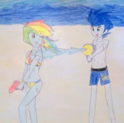 Size: 1024x1016 | Tagged: safe, artist:little-miss-oshawott, derpibooru import, rainbow dash, soarin', human, equestria girls, beach, belly button, bikini, clothes, female, humanized, male, partial nudity, shipping, soarindash, straight, swimsuit, topless, traditional art, water, wet