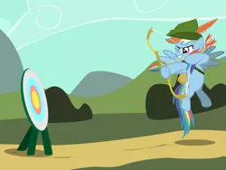 Size: 1024x768 | Tagged: archer, archer dash, arrow, artist needed, bow and arrow, bow (weapon), derpibooru import, hat, rainbow dash, robin hood, safe, solo, source needed, target, weapon