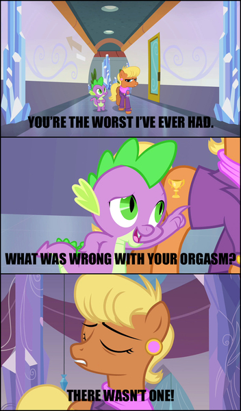 Size: 754x1287 | Tagged: suggestive, derpibooru import, edit, edited screencap, screencap, ms. harshwhinny, spike, dragon, pony, equestria games (episode), aftersex, caption, comic, female, image macro, male, mare, meme, screencap comic, shipping, spikewhinny, straight, text
