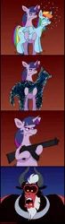 Size: 510x1748 | Tagged: safe, artist:hellarmy, derpibooru import, lord tirek, rainbow dash, twilight sparkle, twilight sparkle (alicorn), alicorn, pony, twilight's kingdom, assault rifle, bipedal, comic, custom, eyes closed, female, frown, glare, gun, gunified, holding a pony, hoof hold, inanimate tf, irl, lip bite, mare, open mouth, parody, photo, ponies with guns, rainbow dash turning into an assault rifle, rifle, shivering, shocked, sweat, toy, transformation, transformers, transformers age of extinction, twilight vs tirek, weapon, wide eyes