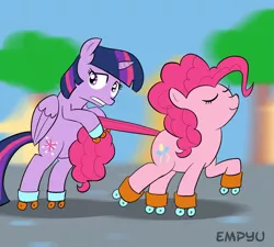 Size: 1000x898 | Tagged: safe, artist:empyu, derpibooru import, pinkie pie, twilight sparkle, twilight sparkle (alicorn), alicorn, pony, 30 minute art challenge, female, image, mare, nervous, png, roller skates, tail, tail pull