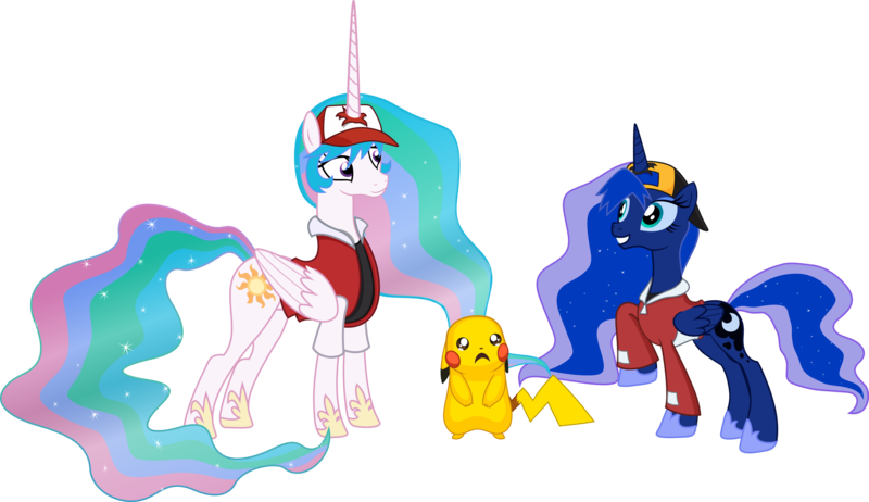 Size: 4000x2310 | Tagged: artist:2snacks, artist:ragerer, clothes, crying, derpibooru import, hat, pikachu, pokémon, princess celestia, princess luna, raised hoof, safe, simple background, transparent background, two best friends play, two best sisters play, vector