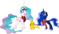 Size: 4000x2310 | Tagged: artist:2snacks, artist:ragerer, clothes, crying, derpibooru import, hat, pikachu, pokémon, princess celestia, princess luna, raised hoof, safe, simple background, transparent background, two best friends play, two best sisters play, vector