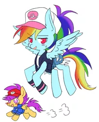 Size: 591x723 | Tagged: artist:megarexetera, blushing, cap, clothes, cosplay, costume, derpibooru import, duo, flying, hat, hilda, nate, pokémon, pokémon trainer, rainbow dash, running, safe, scootaloo, shorts, simple background, spread wings, sweat, wings