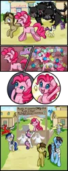Size: 1000x2500 | Tagged: safe, artist:chiweee, derpibooru import, bon bon, cerberus (character), derpy hooves, doctor whooves, pinkie pie, spike, sweetie belle, sweetie drops, time turner, twilight sparkle, cerberus, parasprite, pegasus, pony, business, clothes, comic, female, mare, multiple heads, panic, shirt, spikezilla, t-shirt, three heads